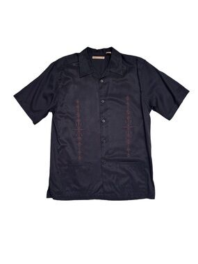 Black Short-Sleeve Cuban Shirt with Tobacco Brown Embroidery the Havanero Co. M